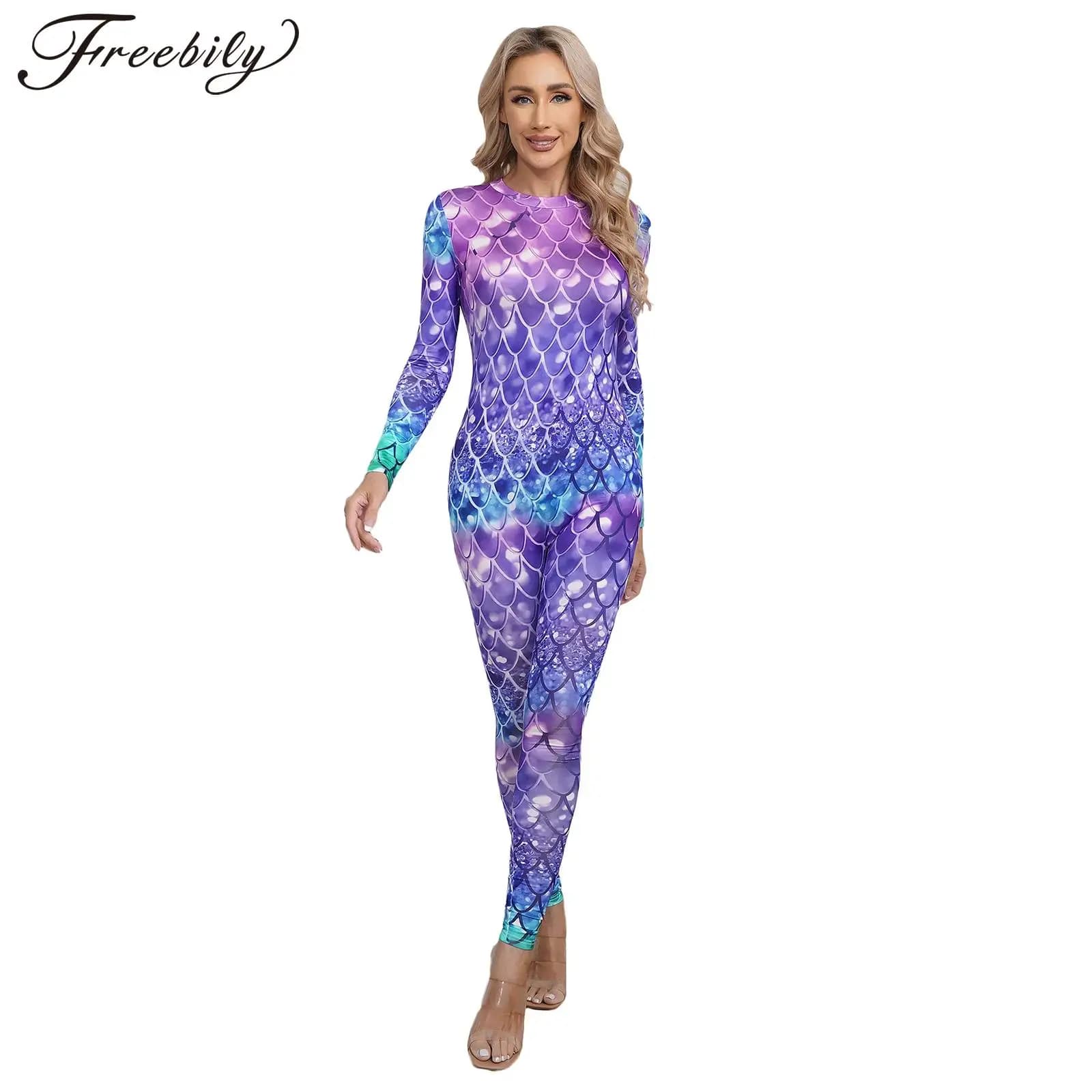 Costume da bagno intero da donna Rash Guard sirena stampa a squame di pesce manica lunga cerniera posteriore top a corpo intero tuta da bagno Sexy