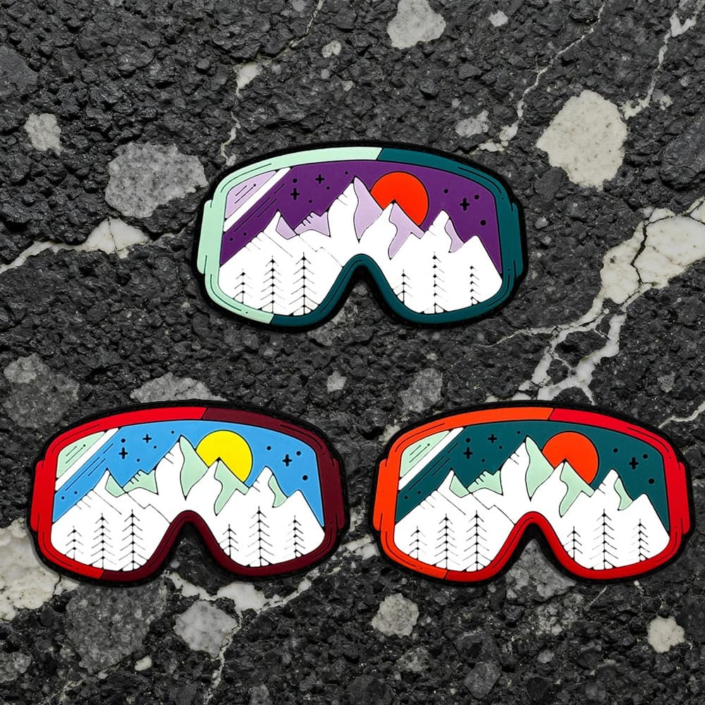 Ski goggles, mountain and sunset motifs, unique luminous design, PVC material, comes with matching fleece accessories, casual jacket, personal accessories, DIY decorative patches