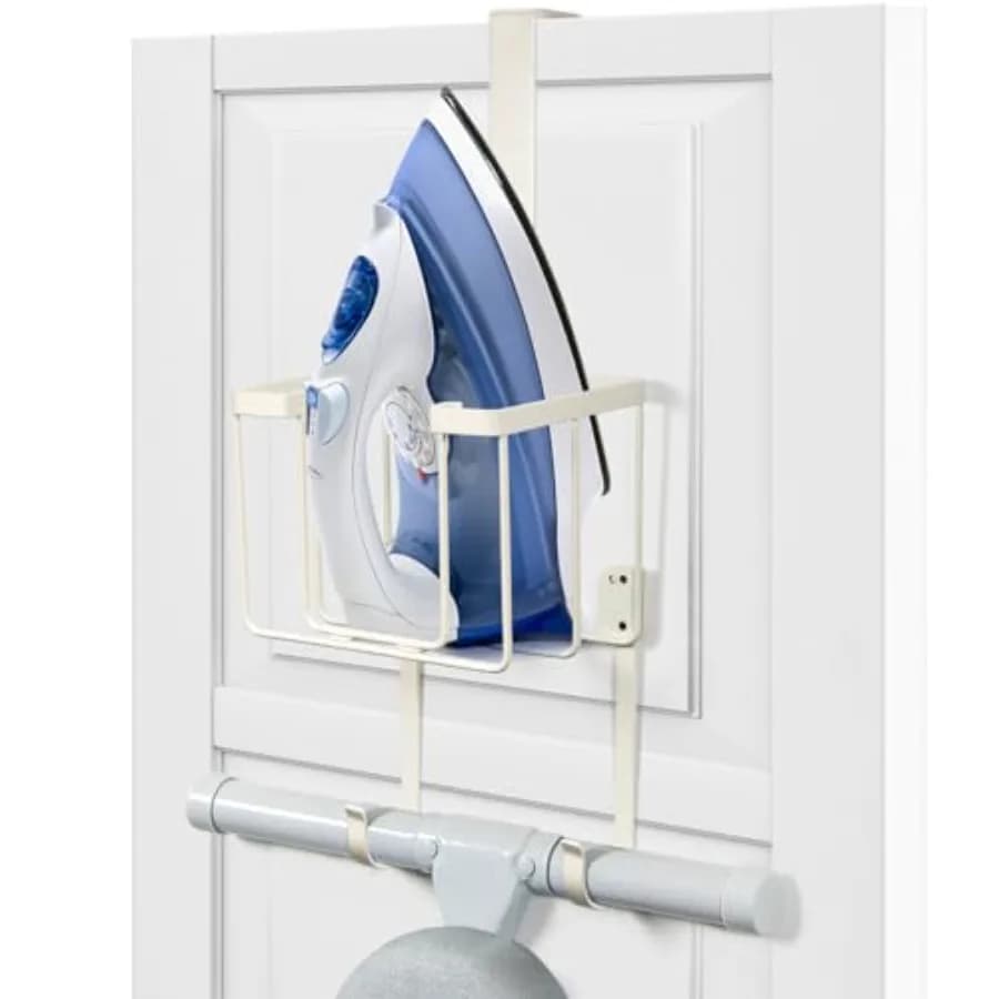 Supporto appendi-ferro da stiro da appendere sopra la porta/a parete per lavanderia, porta ferro da stiro e accessori, portaoggetti bianco