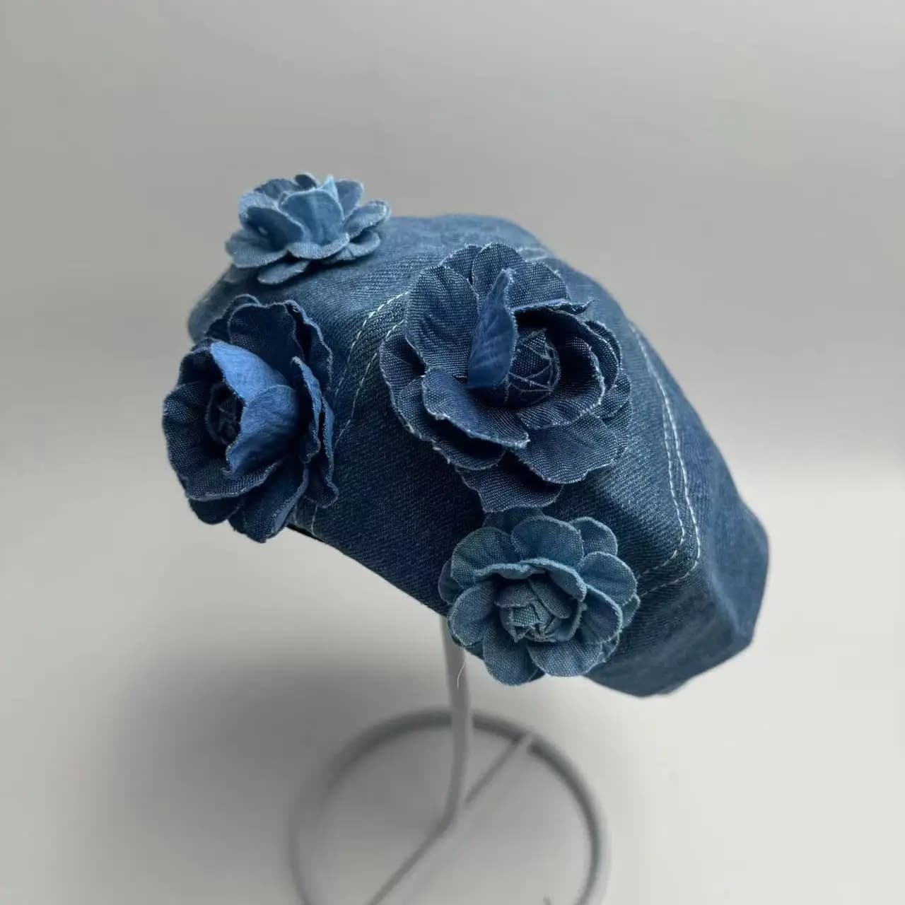 2026 Summer Japanese Denim Beret, Color Block 3D Flower Design, Women’s Fashion Cap, Face Slimming Trendy Hat
