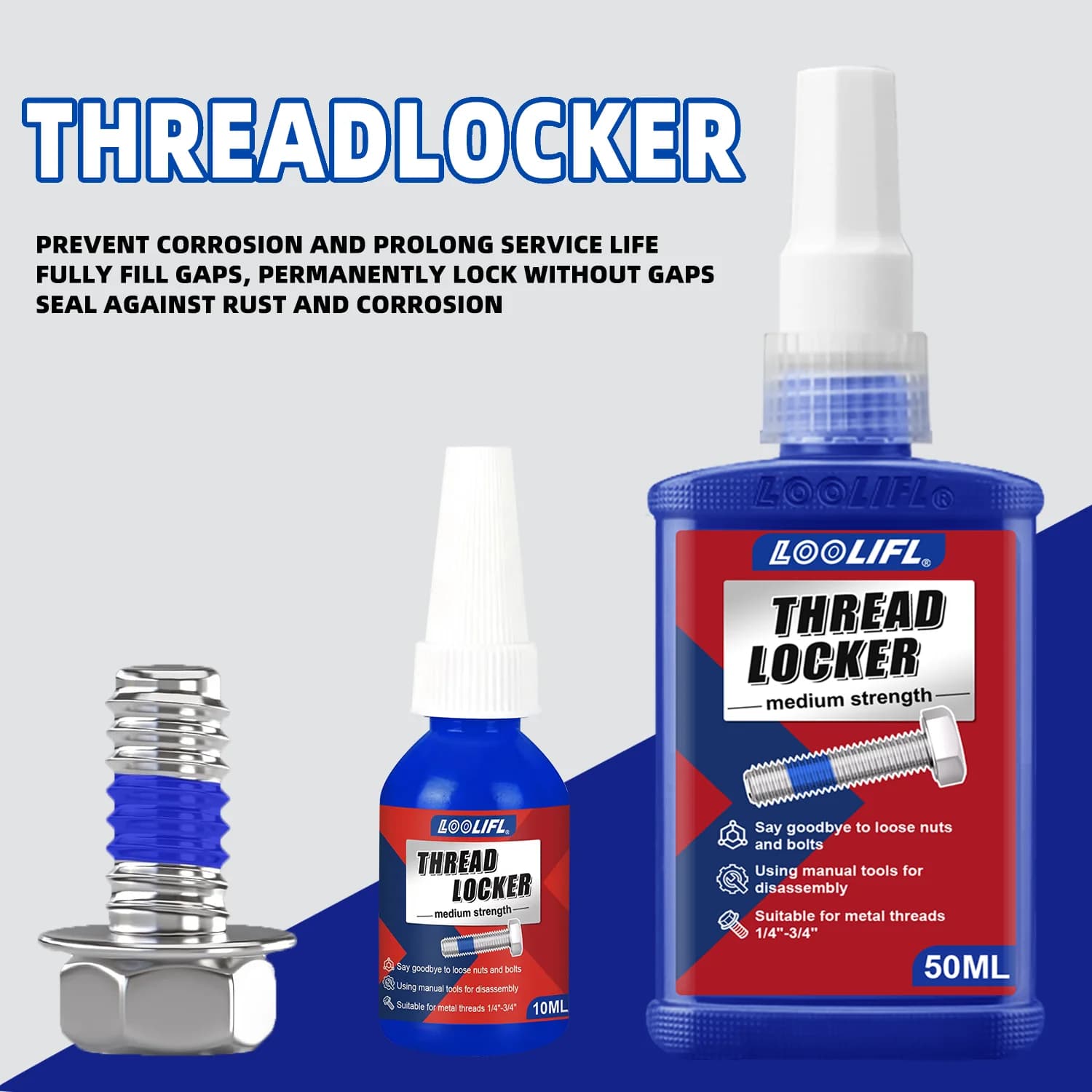 LOOLIFL Blue Thread Locker - Medium Strength Removable Screw Lock Glue, Anti-Vibration Anti-Rust Sealant Metal Fasteners & Bolts