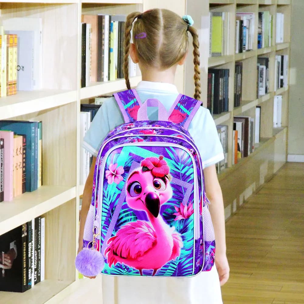 3Pcs 16 Inch Girls Backpack Set, Cute Purple Flamingo School Bag with Lunch Bag & Pencil Pouch, Lightweight Elementary Bookbag