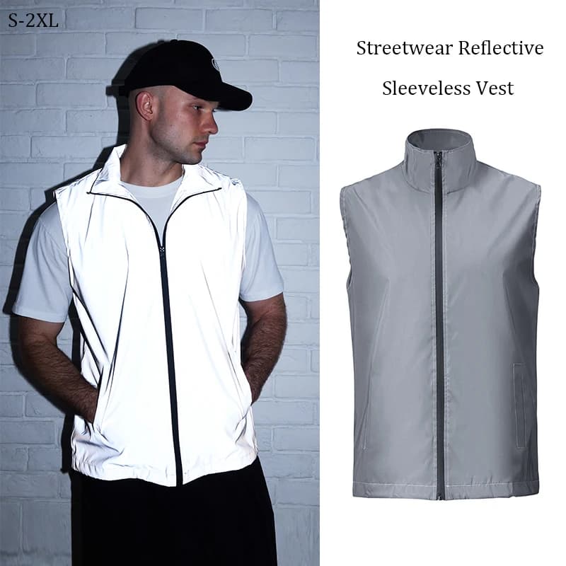Gilet senza maniche riflettente streetwear hip-hop da uomo primavera estate leggero colletto alla coreana giacca da ballo per corsa notturna