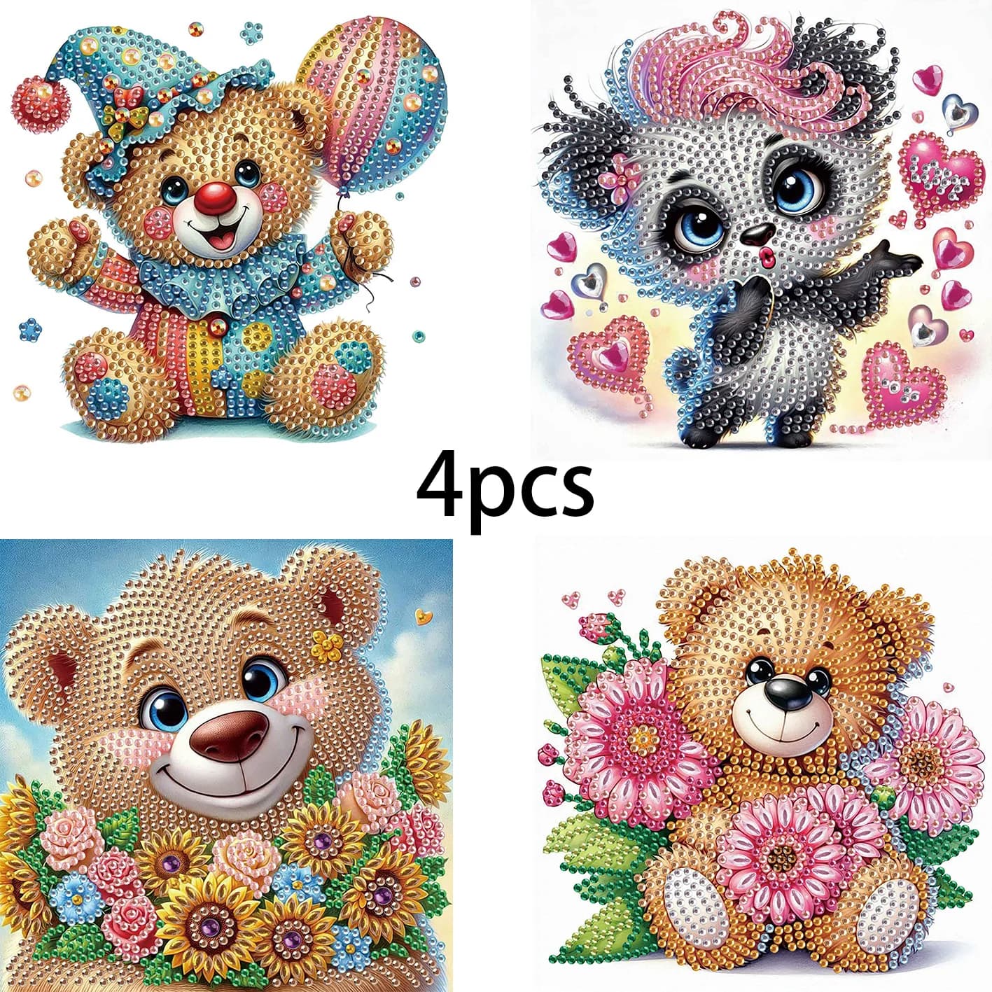 4-Pack Bear Special Shape Diamond Art Painting Kit,Crystal Diamond Dot Kit for Home Wall Decoration Gift