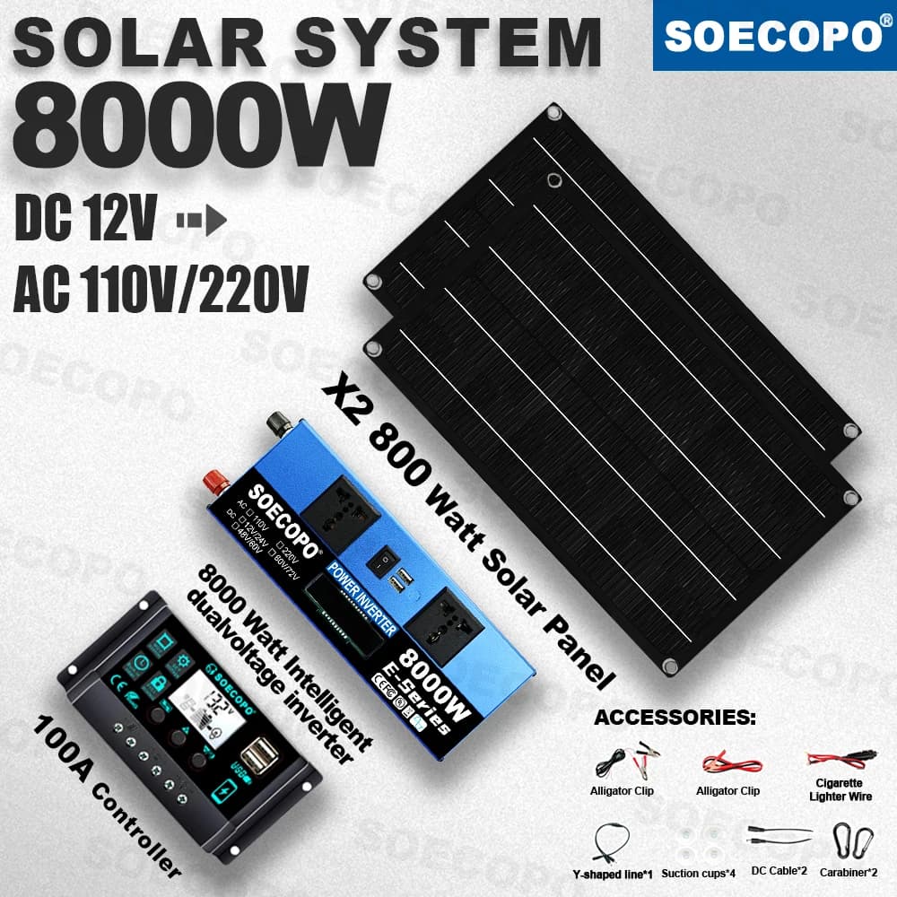 Kit Solare SOECOPO 8000W di Picco con Pannelli, Regolatore Intelligente 100A, Inverter da 12V a 110V/220V, Pannello Solare da 1000W per Barca, Camper, Campeggio e Uso Domestico