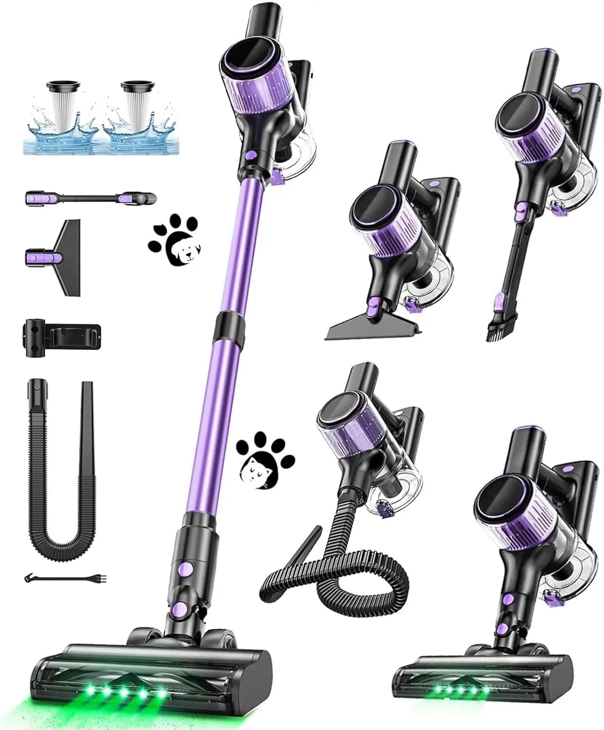 Cordless Vacuum Cleaner, 10 in 1 Stick Vacuum with Powerful Suction, Hose, Green LED Light, Anti-Tangle Brush, Lightweight