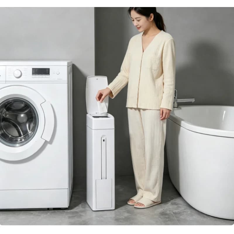 Cestino per Rifiuti Sottile e Stretto per Bagno, Multifunzionale con Scopino Integrato, Contenitore Coperto per Rifiuti, Strumento di Organizzazione per Toilette Domestica