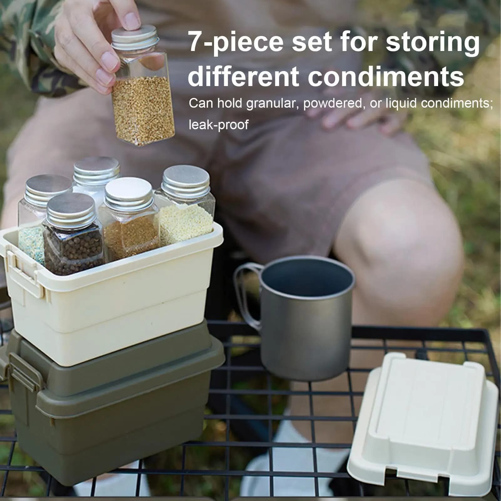 Barattoli per condimenti indispensabili per picnic e barbecue, set portatile con custodia con coperchio sicuro, organizza le spezie per pasti all'aperto, viaggi e backpacking