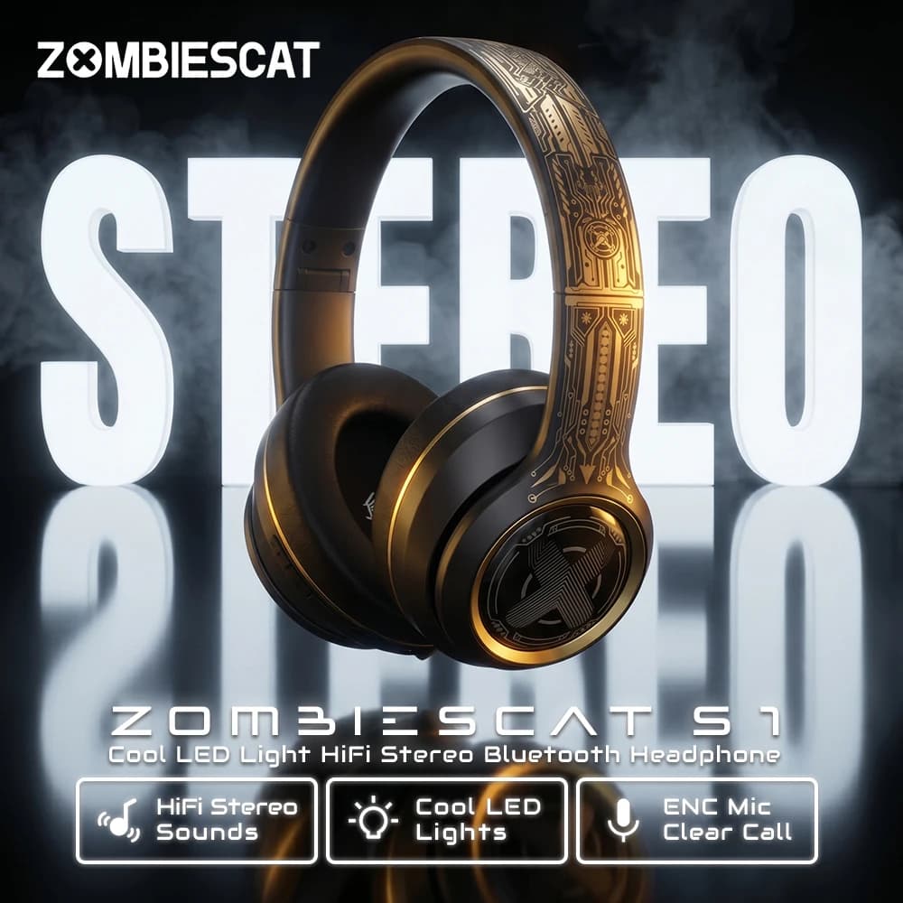 Cuffie Bluetooth Zombi Cat S1 con Bassi Potenti, Auricolari Wireless Over-Ear con Riduzione del Rumore ENC e Microfono