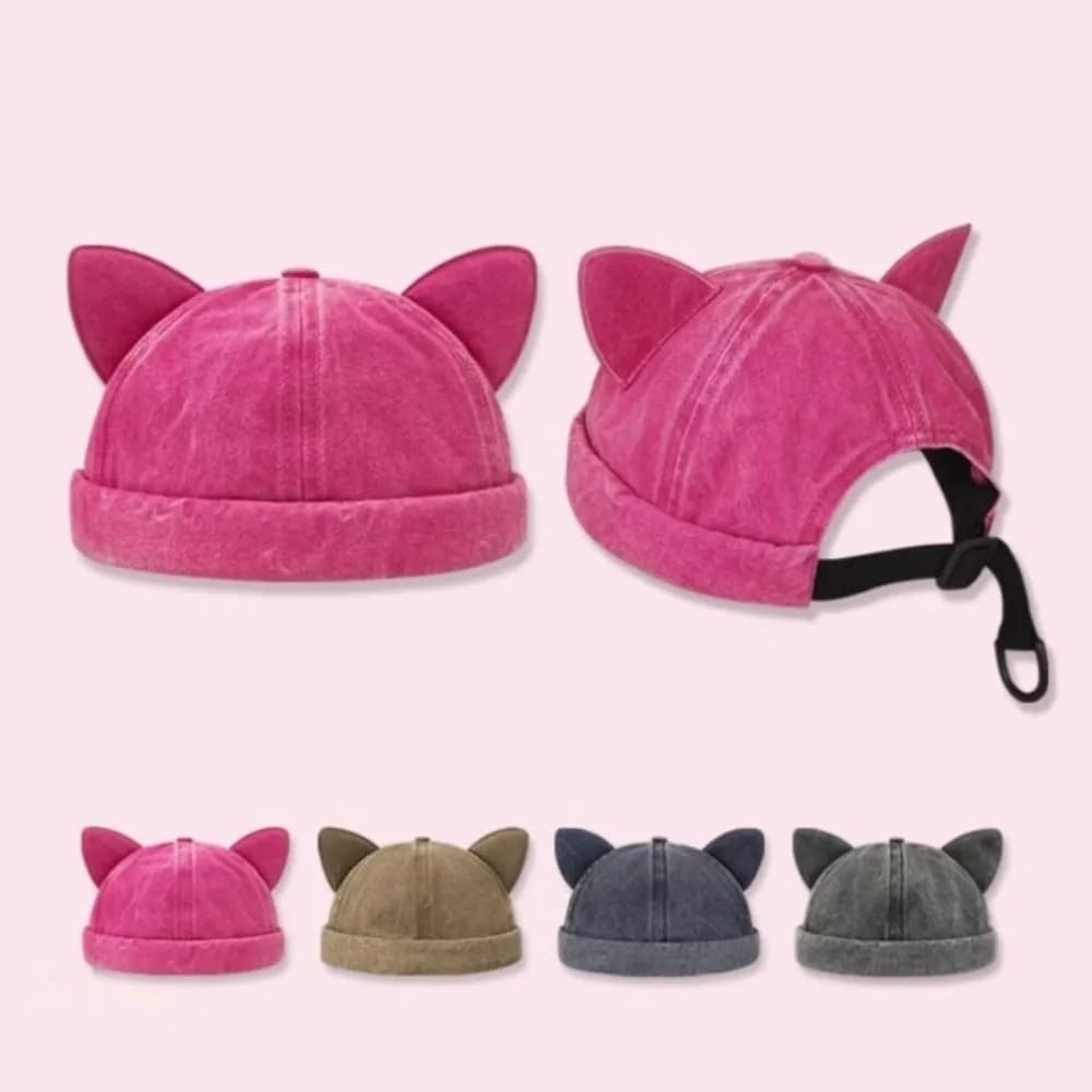 Fashion Adjustable Cat Ears Landlord Hat Breathable Solid Color Brimless Hat Washed Old Unisex Beanie Hat Women Solid Color