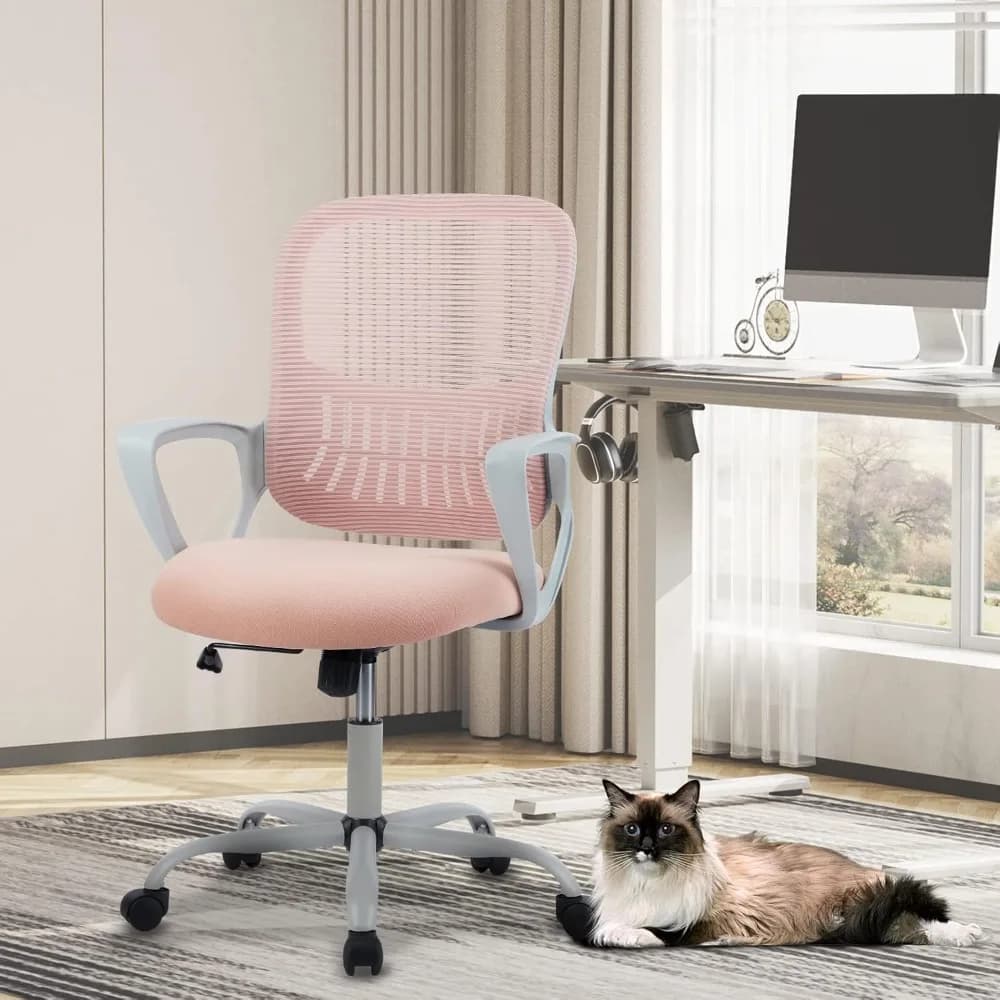 Sedia da ufficio ergonomica con schienale medio e supporto lombare, rete con rotelle, 360 ° Bracciolo girevole e ribaltabile per casa, giochi, studio in rosa