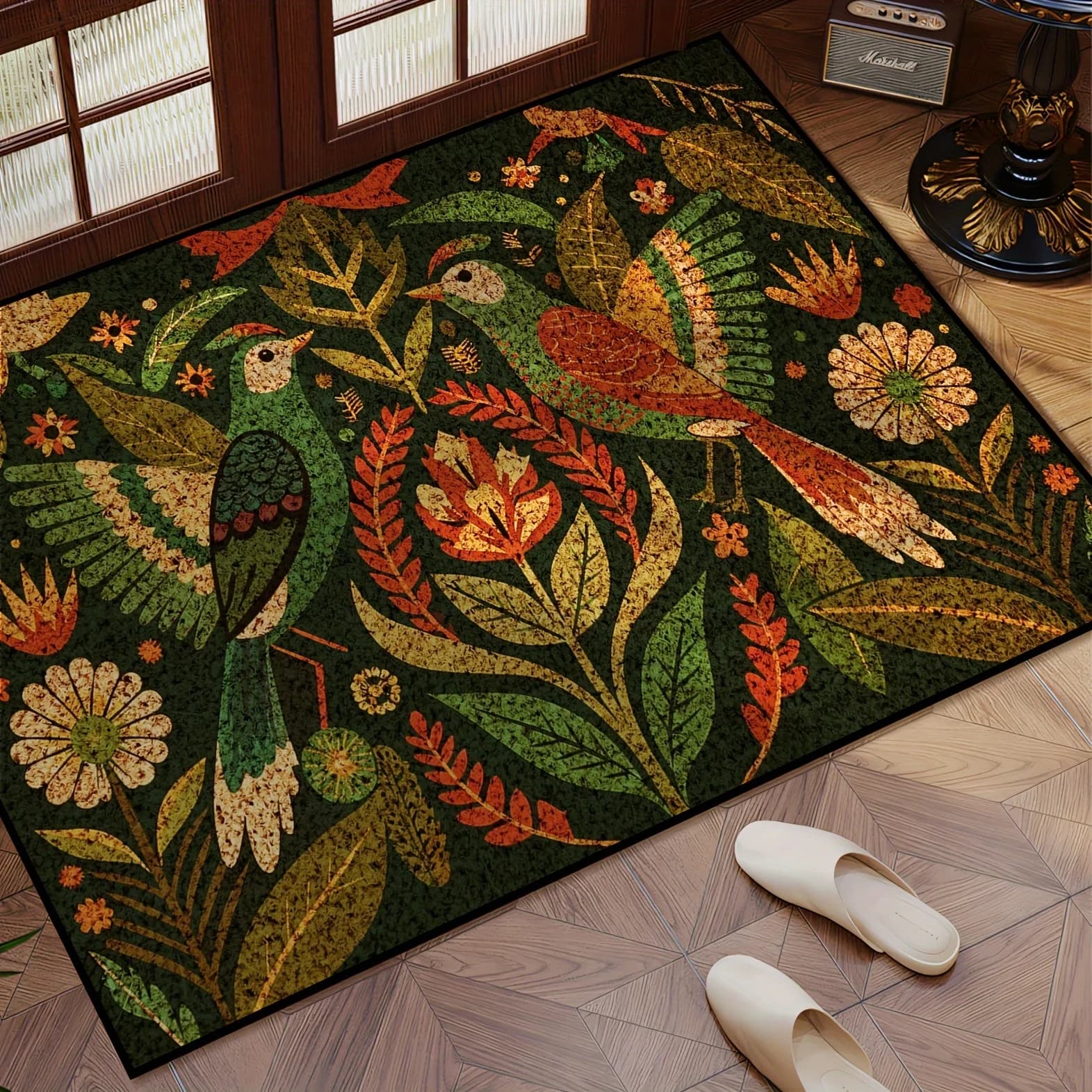 Green Flowers Birds Plant Entrance Zerbino Decorations for the house Washable Kitchen Corridor Balcony Carpets Bedroom Anti-slip Mat Decor