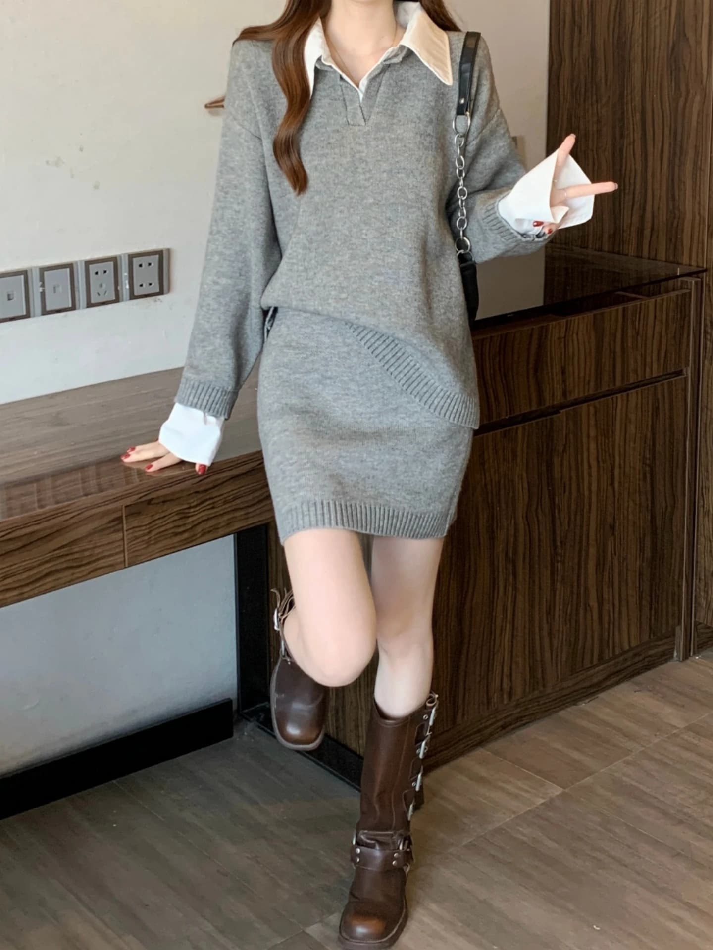 Spring Autumn Large Size Splice Knitted Shirt And Skirt Two Piece Set Women's Fashion Ensemble High Waist Slim Fit Design