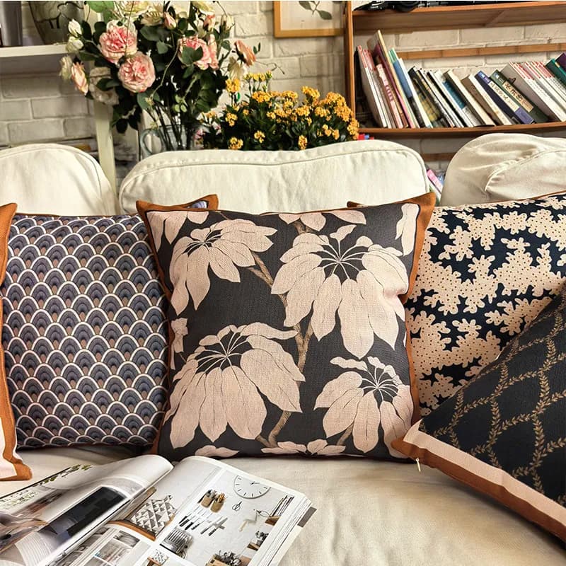 Fodera per cuscino decorativa in cotone e lino spesso con fiori, bifacciale, nera, per divano, schienale e supporto lombare