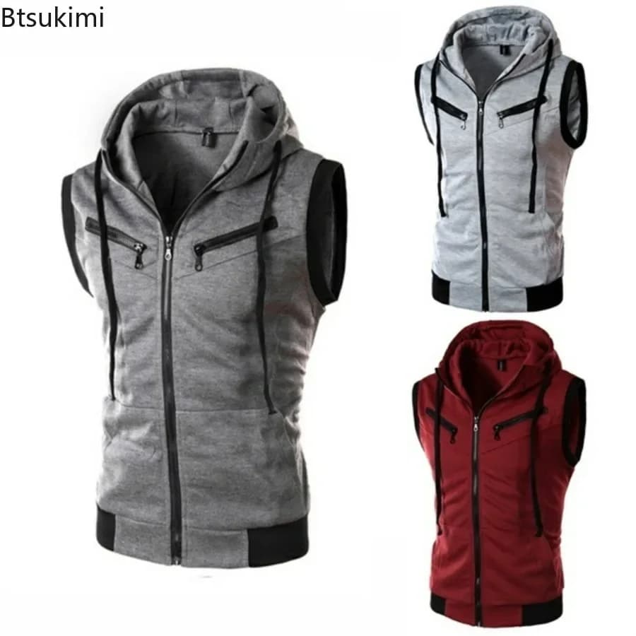 Gilet sportivo da uomo 2026 senza maniche con cappuccio e cerniera, alla moda, casual, per bodybuilding