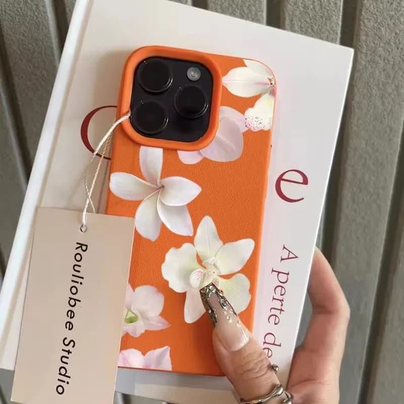 Lychee Pattern Elegant White Flower Shockproof Phone Case For iPhone 17 16 15 14 13 12 11 Pro Max XS X XR 16 Plus 16e Soft Cover
