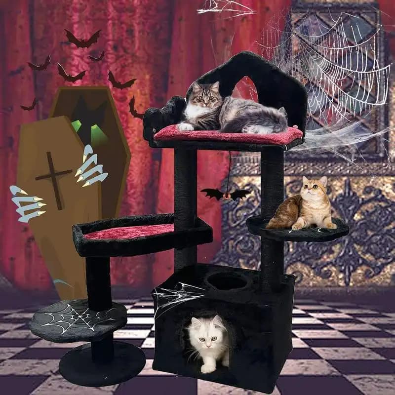 Halloween Cat Tree Multi-Level Condo - Indoor Tower with Kitten-Friendly Scratching Post