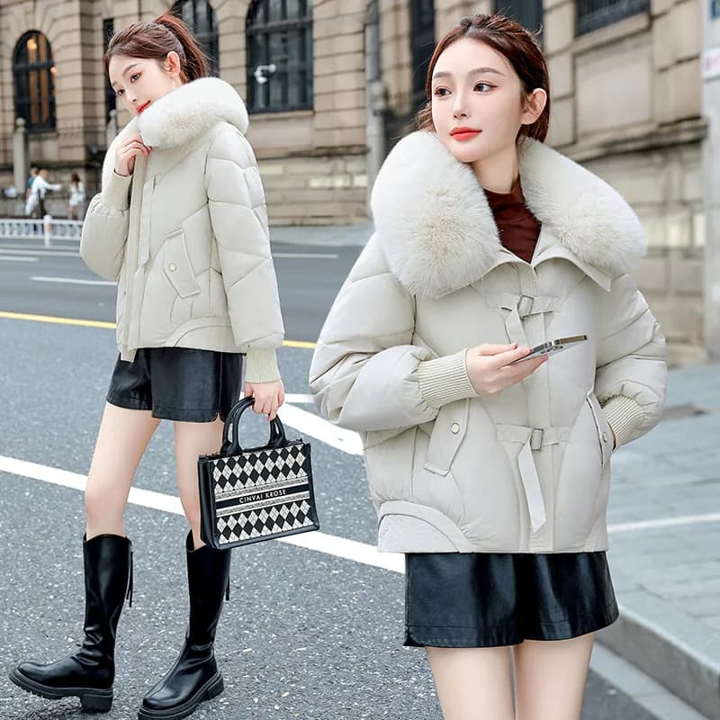 2026 Streetwear Down Cotton-padded Jacket Women's Short Parkas Winter Big Fur Collar Coats Thicken Warm Loose Student Outerwear