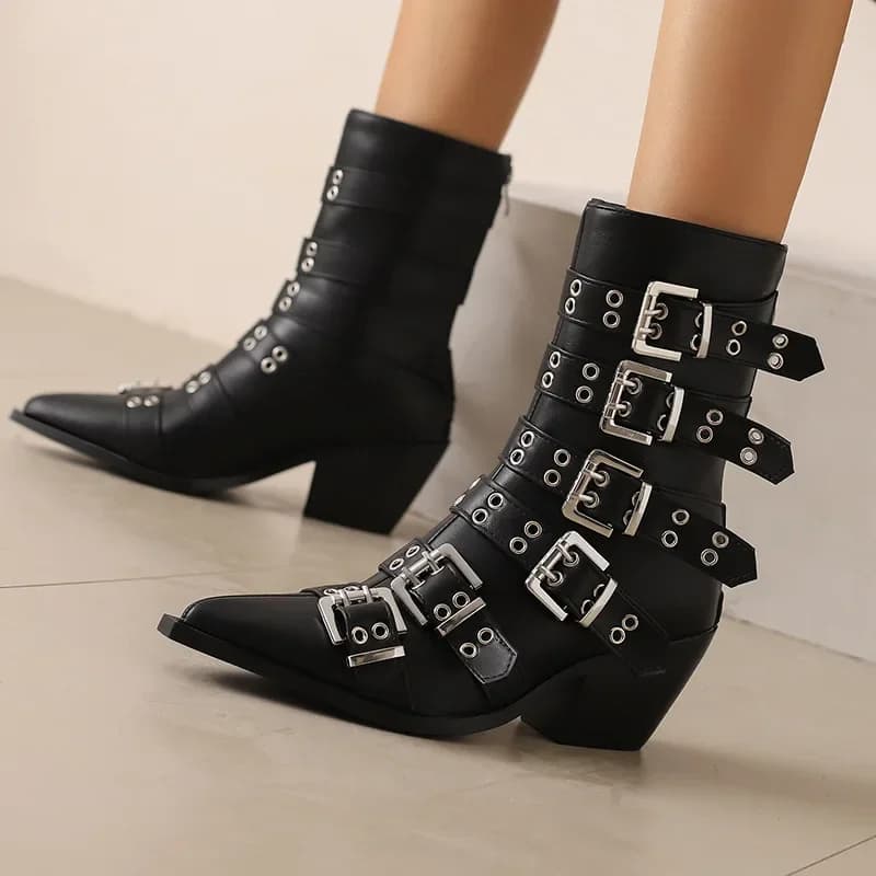 2025 Women's Fashion Pointed Punk Style Belt Buckle Pullback Short Boots European and American Sexy Nightclub Banquet Boots