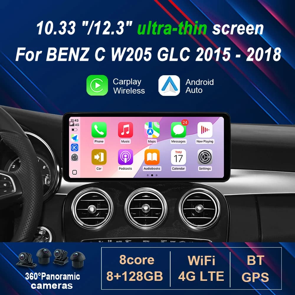 Android 14 per Mercedes Benz C CALSS W205 GLC 2015 - 2018 Wireless Carplay GPS 10.33 "/12.3" Autoradio Video Lettore multimediale