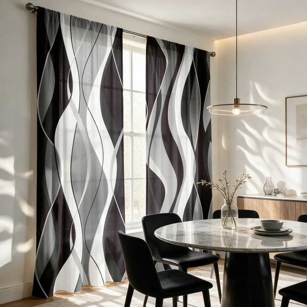 2PCS Abstract Black White Stripe Curtains, Modern Geometric Print, Minimalist Window Drapes for Living Room Bedroom Decor