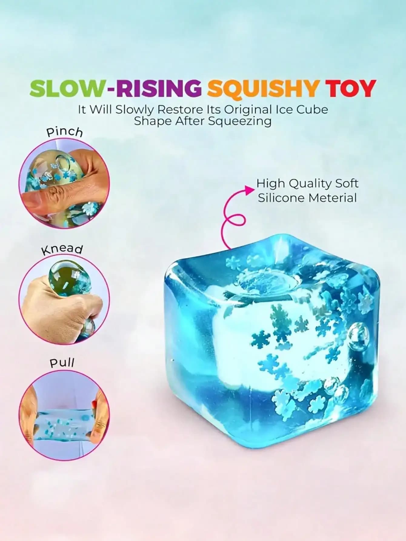 1Pc Random Ice Cube Snowflake Squishy Squeeze Toy Soft Slow Rising Sensory Fidget Calming Anti Stress Relief Anxiety Office Desk Classroom Prize Kids Adults Halloween Christmas Gift Party Favors Goody Bag Filler
