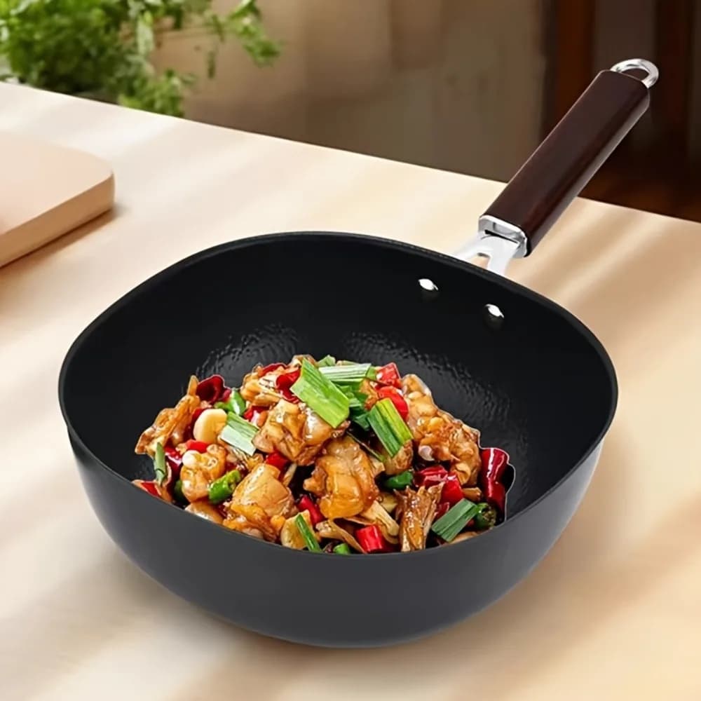 Padella Quadrata Universale in Ferro Raffinato con Manico in Legno, Fondo Piatto, Pentola per Saltare in Padella con Coperchio Trasparente, Mini Wok da Chef
