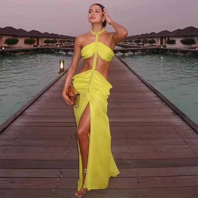 Women's Summer Swimwear Halter Sleeveless Dresses Swimwear 2024 New Solid Color Beach Holiday Maxi Dresses Cover-Up