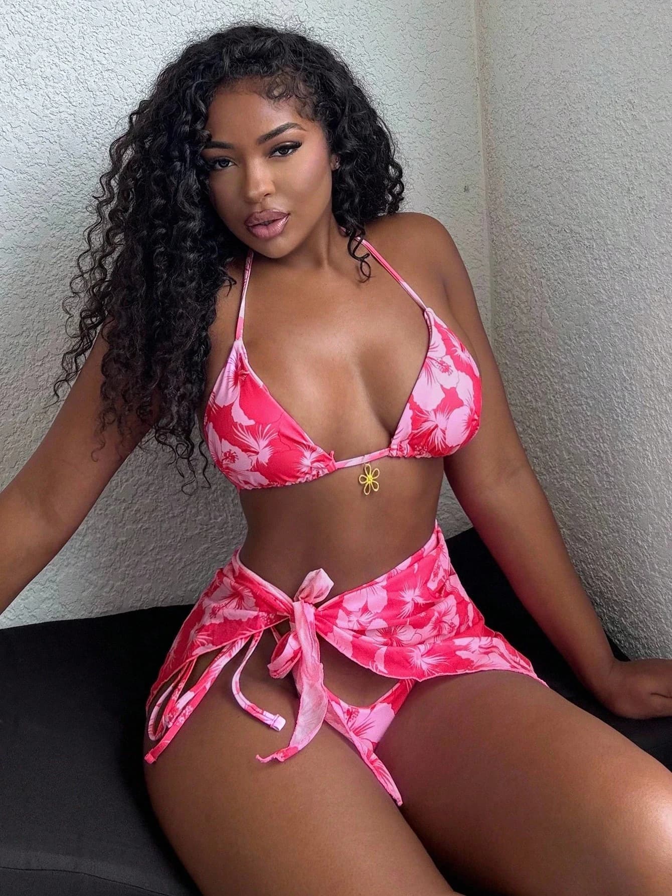 Costume da bagno da donna con stampa floreale, set bikini con laccetti, scollo all'americana, per l'estate e la spiaggia