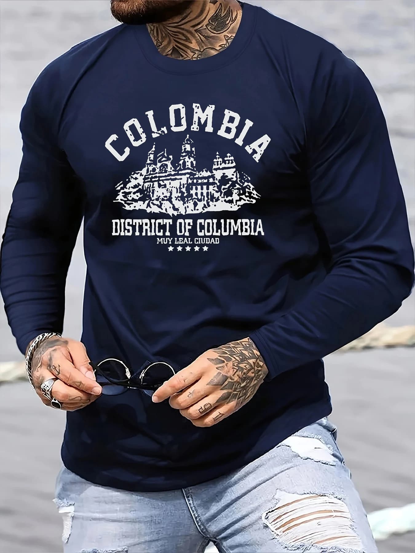 Casual Autumn/Winter Versatile T-Shirt with Drawstring Architectural Patterns 100% Cotton Men's Long Sleeves