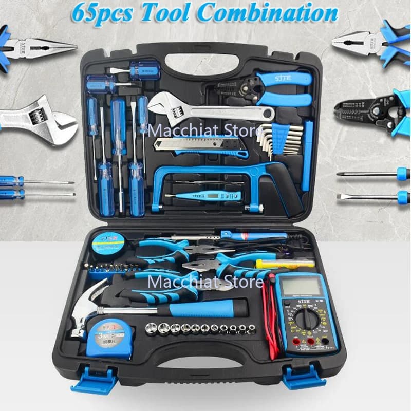 Set di utensili manuali Scatola 65 pezzi Strumenti hardware manuali per uso domestico Kit di riparazione per elettricisti con presa per multimetro per saldatore