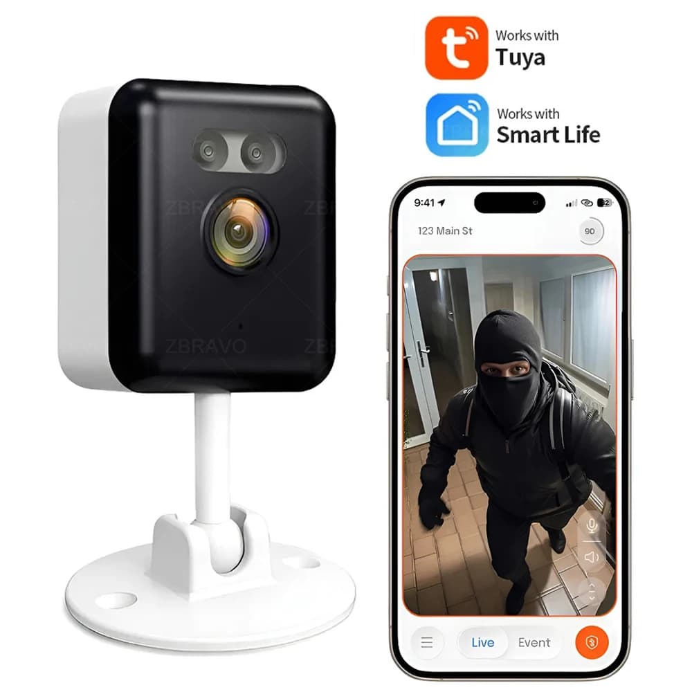 Telecamera WiFi Mini Interna Tuya Smart Life 2K 5MP, Sicurezza Domestica CCTV con Rilevamento Movimento, Allarme Sirena, Monitor per Bambini, Visione Notturna a Colori