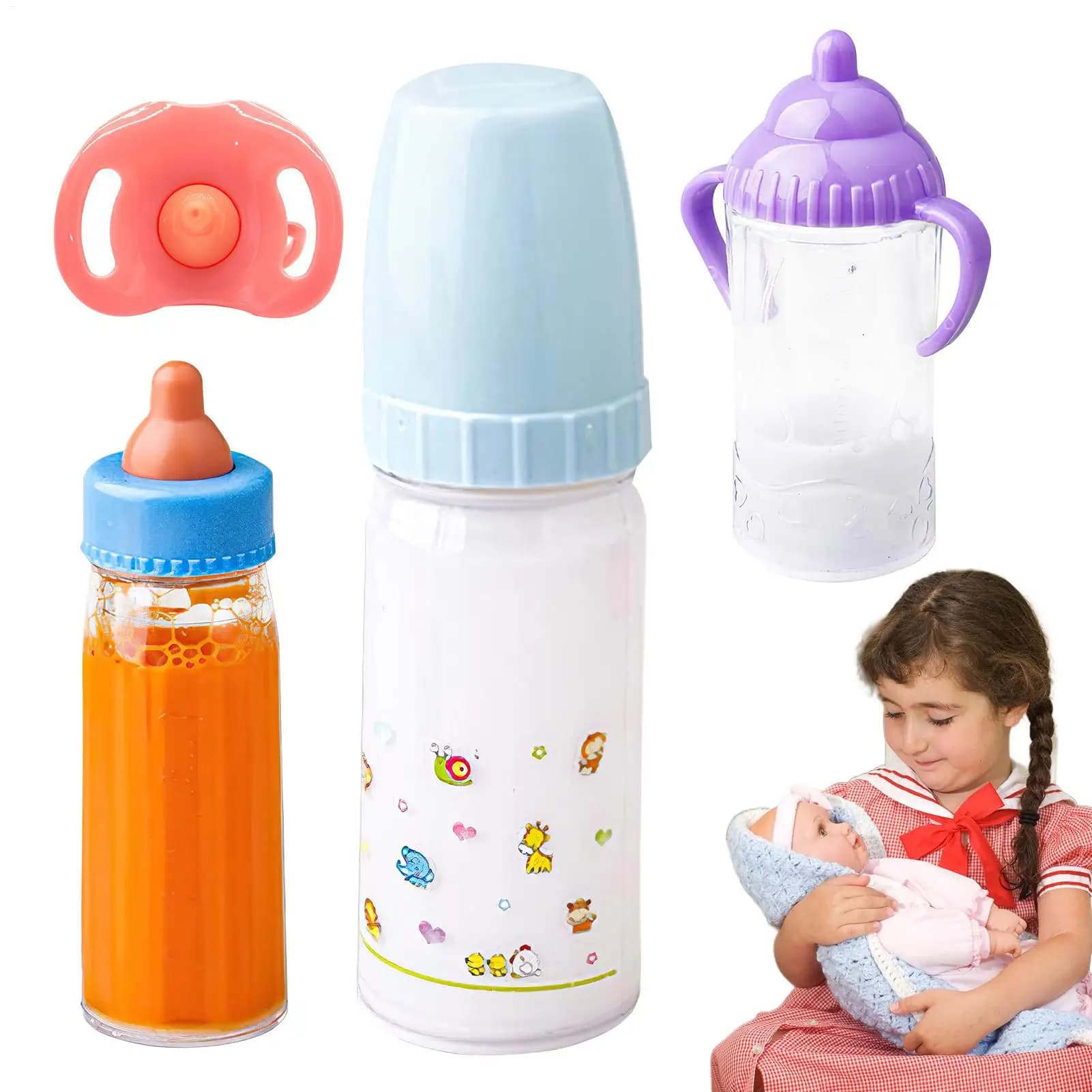 Doll Magic Milk Juice Bottles With Pacifiers Bibs Fit New born Dolls Plastic Nipple Bottle Dollhouse Toys Set with Pacifiers