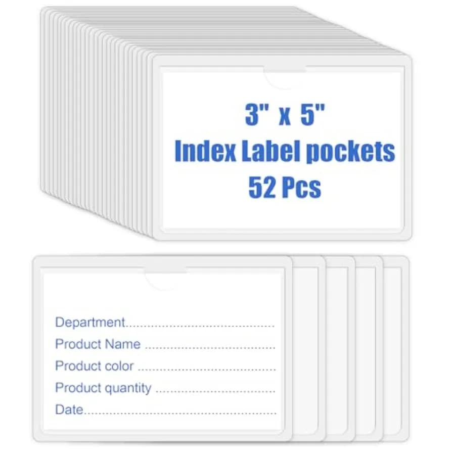 52PCS Clear Index Card Pockets Self-Adhesive 3"X5" Top Open Label Holder, Premium Storage Bin Label Waterproof Plastic Removabl
