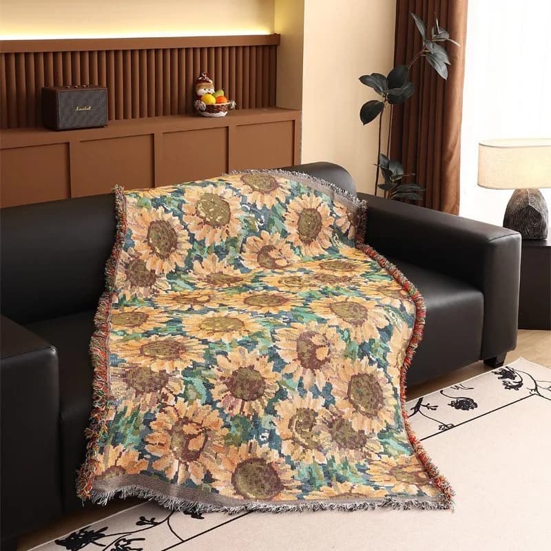 Coperta con frange della serie Sunflower Flower, copridivano per soggiorno, tappetino da picnic portatile, tovaglia rustica per sala da pranzo 130x180 cm
