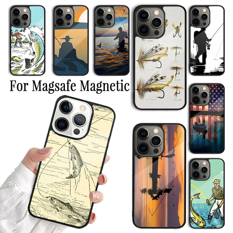 Cover Morbida per Telefono con Tema Pescatore per iPhone 17 16 15 14 13 12 11 Pro Max Plus Magnetica Compatibile con Magsafe