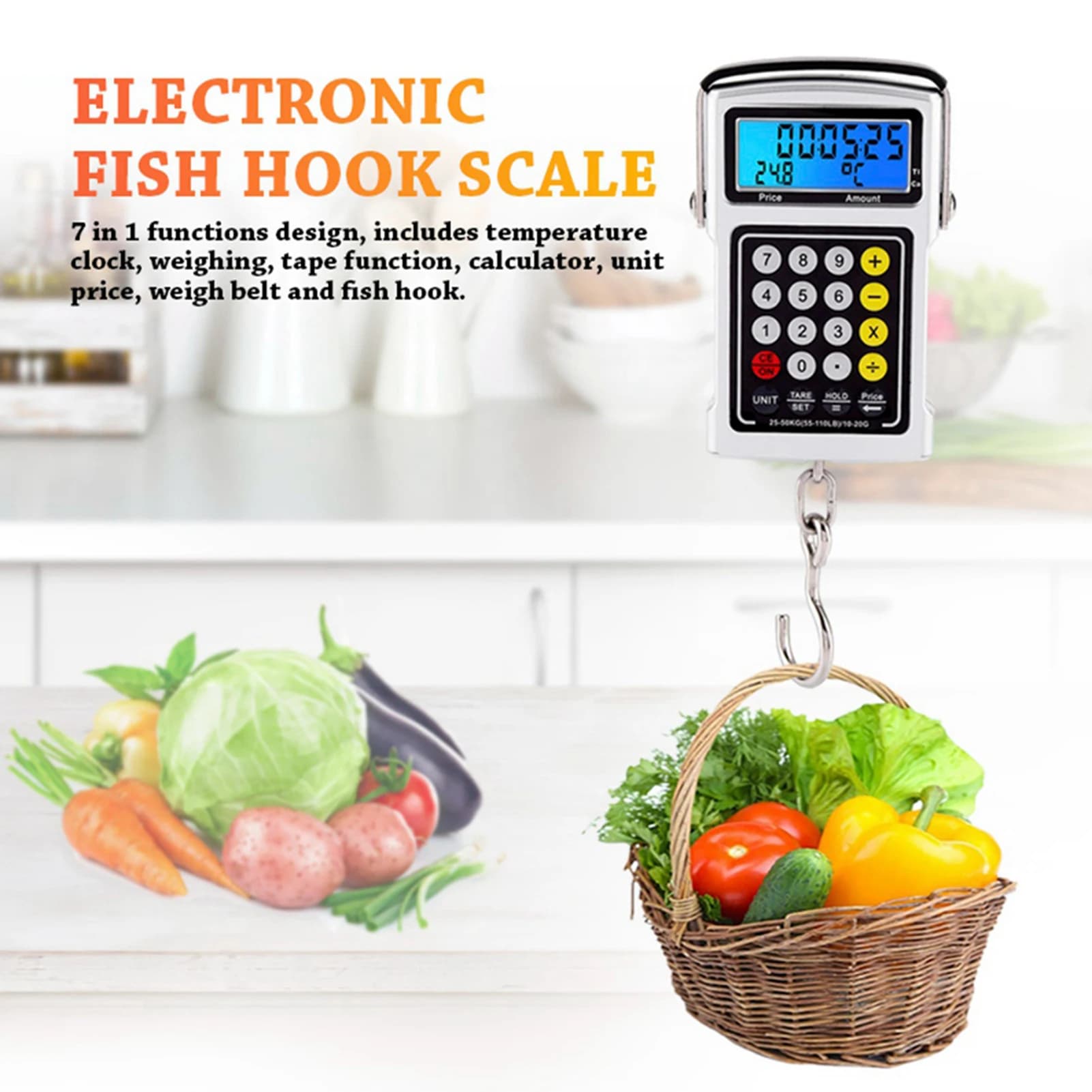Bilancia Digitale Elettronica con Gancio per Pesca 50Kg, Bilancia per Bagagli 7 in 1, Bilancia Digitale Sospesa, Bilancia con Gancio per Pesca