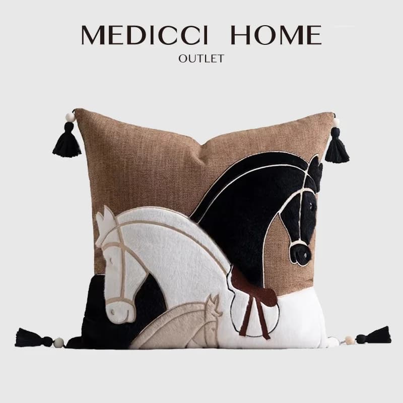 Medicci Home Lussuosa Federa per Cuscino Ricamata a Mano con Applicazione a Silhouette di Cavallo, Elegante Federa Decorativa per Divano, Arredo Casa per le Feste