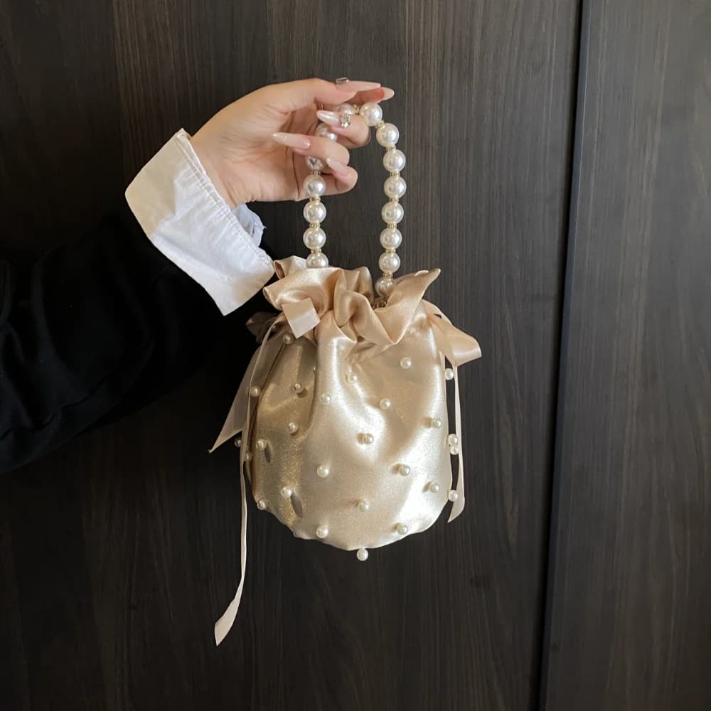 Elegant Satin Pearl Bucket Bag Luxury Drawstring Handbag with Pearl Handle for Evening & Wedding Party Shoulder Crossbody Bag