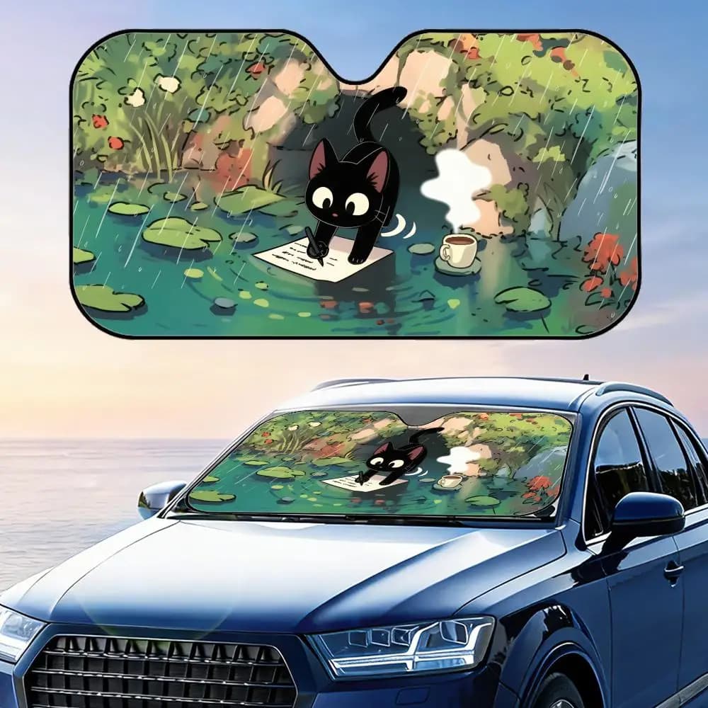Parasole pieghevole per auto con gatto dei cartoni animati su foglia di loto, protezione UV, isolamento termico riflettente, copertura riutilizzabile