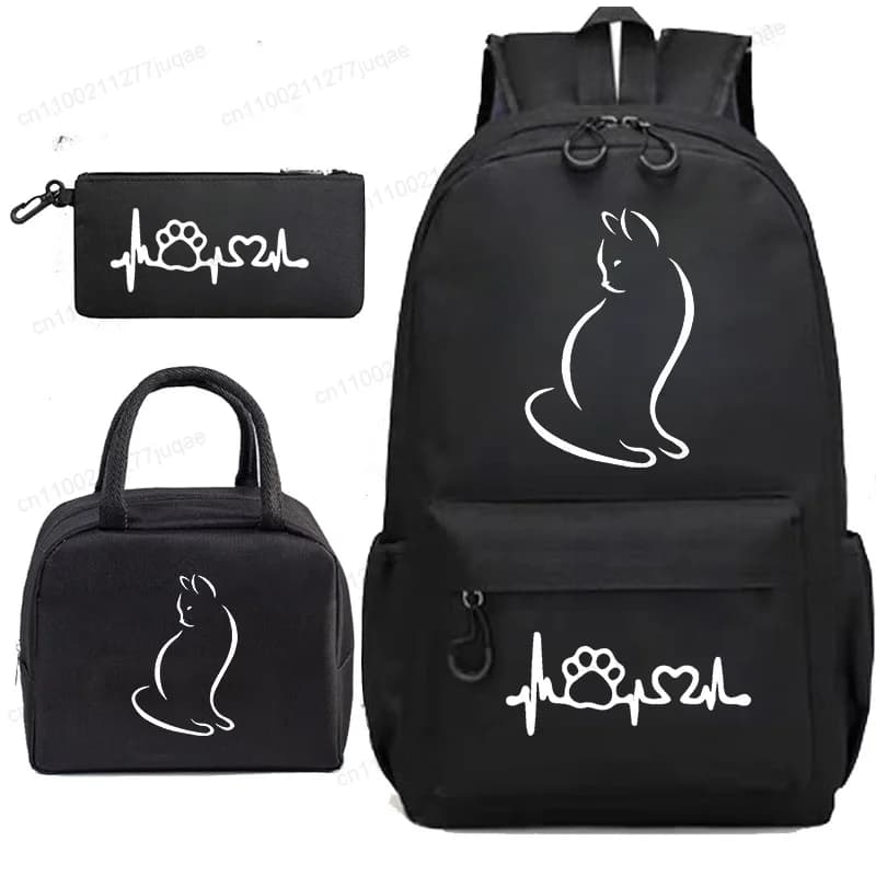 Chibi Anime Cat 3Pcs Backpack Set, Back To School Bag for Girls Boys Teenager, Shoulder Bookbag with Lunch Bag and Pencil Case