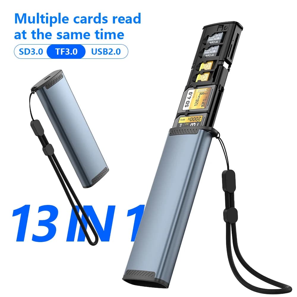 Lettore di schede ad alta velocità SD/TF 3.0 con lettura simultanea di schede multiple 13 in 1 ​ ​ Scatola portaoggetti portatile in lega di alluminio USB 2.0 tipo C