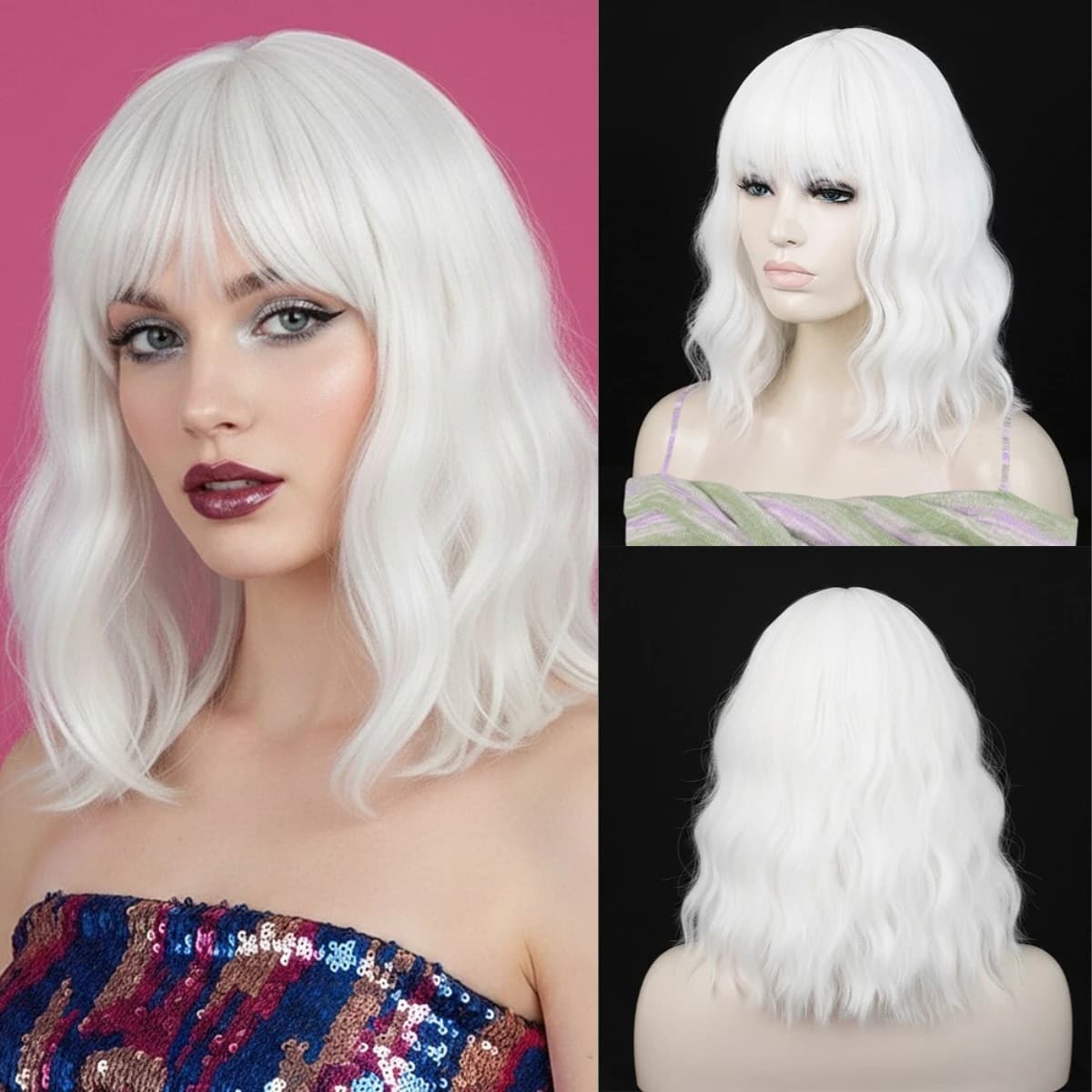 Synthetic Bob Wigs White Short Wavy Curly Cosplay Wig With Bangs For Women Daily Party Halloween Heat Resistant