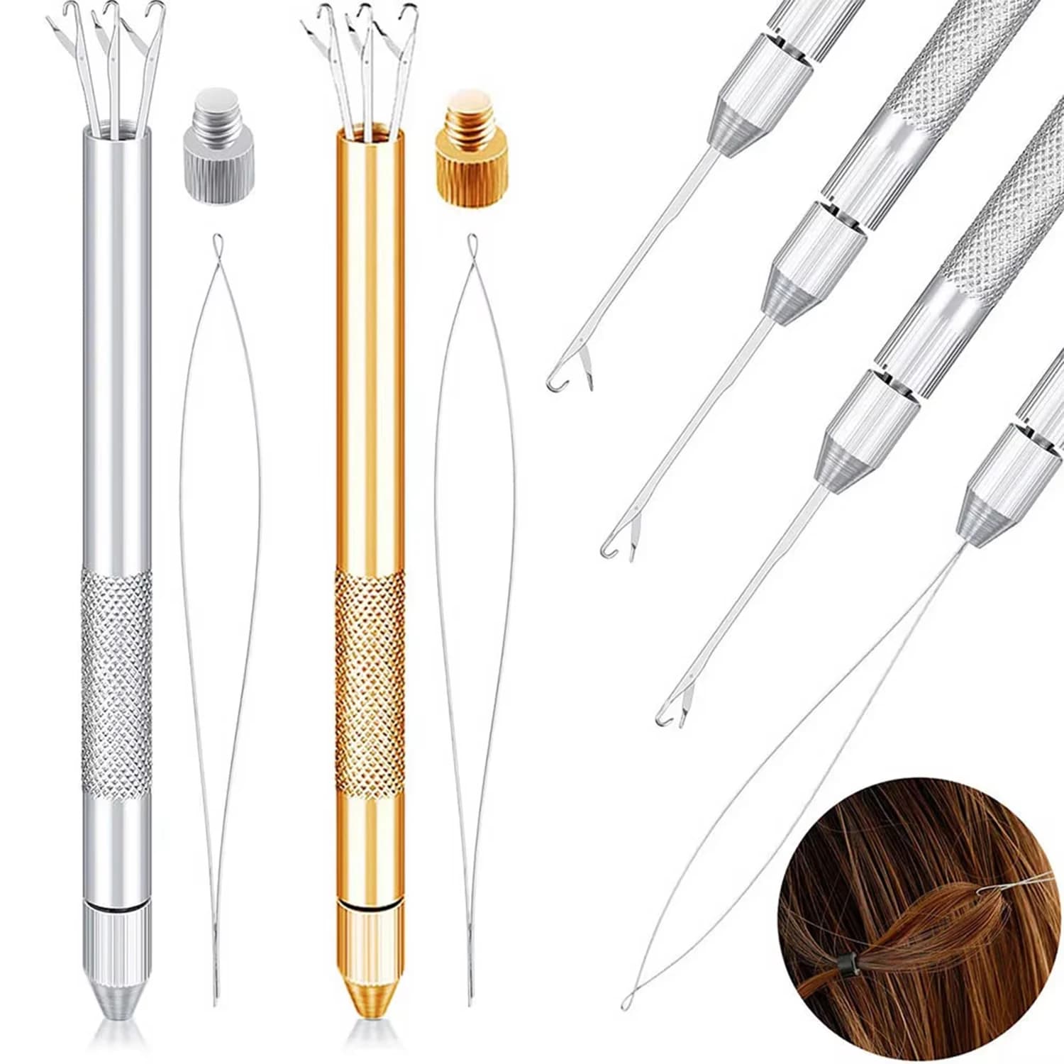 Loop Needle Threader, 4-in-1 Hair Extension Tools,Knitting Hook Needles, Aluminum Ventilating Holder and Latch Hook Needles Kit