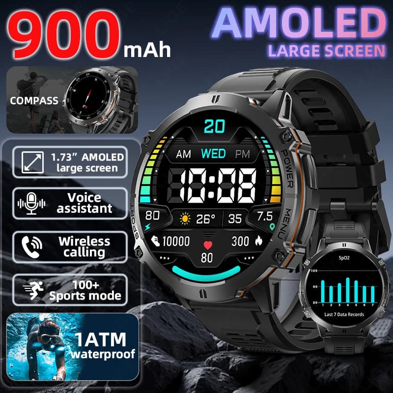 Orologio Intelligente LIGE per Uomo, Smartwatch per Sport all'Aperto con Monitoraggio della Salute, Altimetro, Barometro, Bussola, Chiamate Bluetooth, Impermeabile