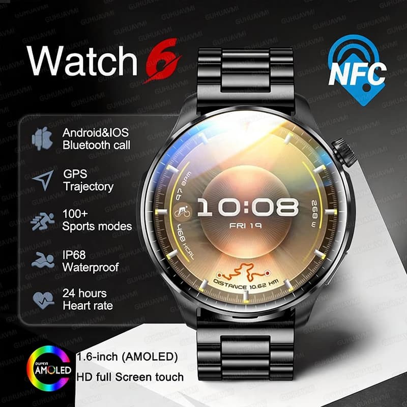 Nuovo Smartwatch 6 Pro 2026 con GPS e NFC, Chiamate Bluetooth, Display AMOLED da 1.60'', Tracker Fitness Sportivo, Impermeabile, Monitoraggio Salute