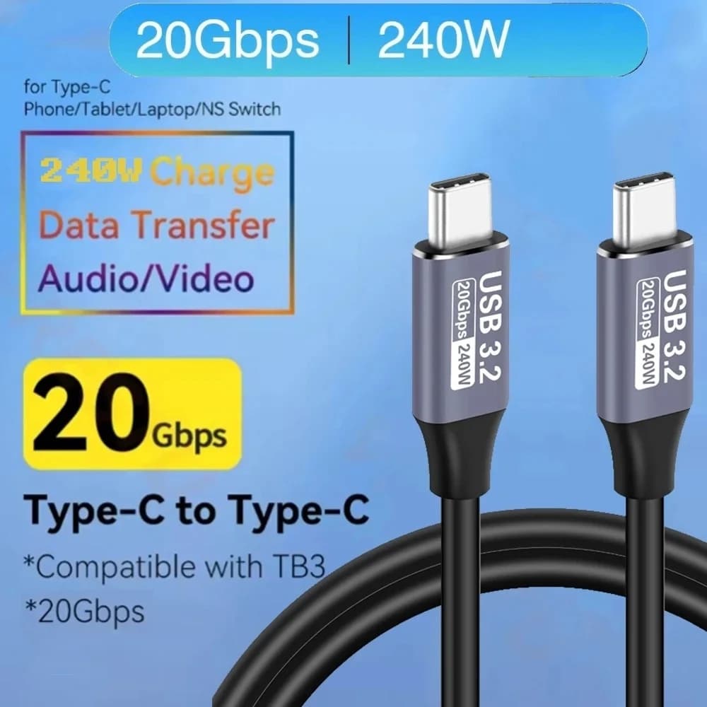 Cavo USB 3.2 da Tipo C a Tipo C 20Gbps 240W 5A Ricarica Rapida 4K@60Hz Sincronizzazione Audio Video per Laptop Steam Deck ROG Ally