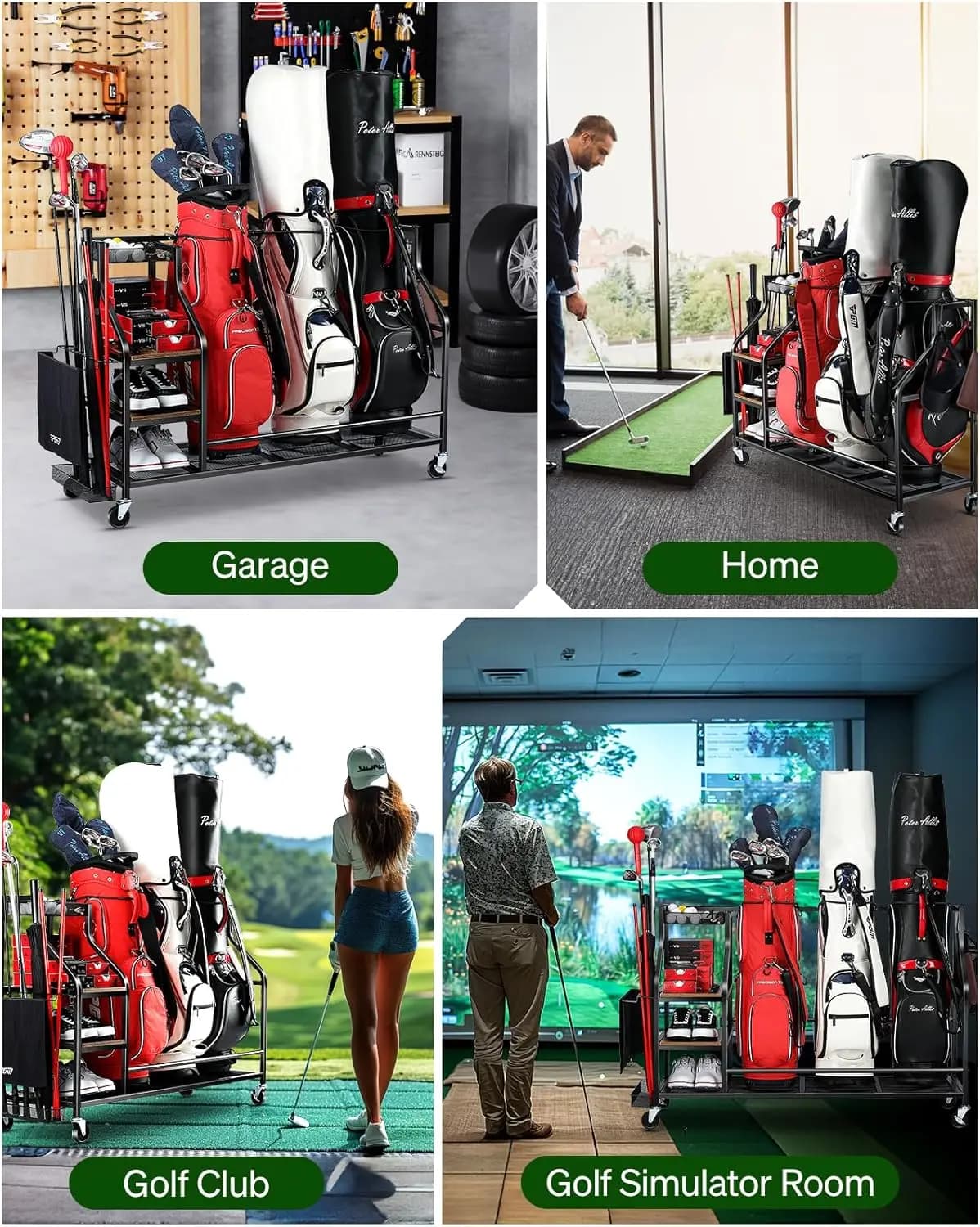 Porta Sacche da Golf su Ruote, Organizzatore da Garage per Mazze, Palline ed Attrezzatura - Supporto per 3 Sacche da Golf
