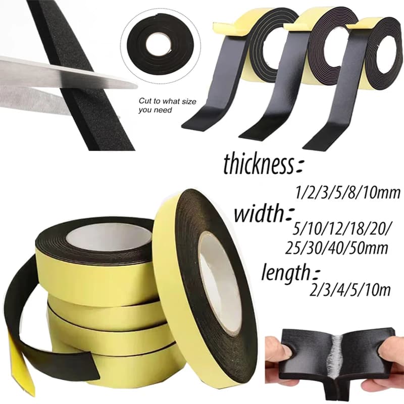 Black Foam Rubber Strip with Strong Adhesive Tape Door Frame Sealing Strip Black Foam Rubber Tape Thickness 1/2/3/8/10 mm