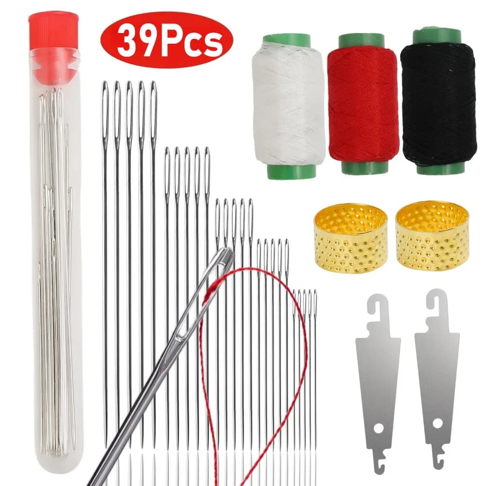 Set di aghi per cucire Big Eye Aghi manuali in acciaio con filo Ditale Infila forbice per ricamo Kit di riparazione di vestiti artigianali fai-da-te